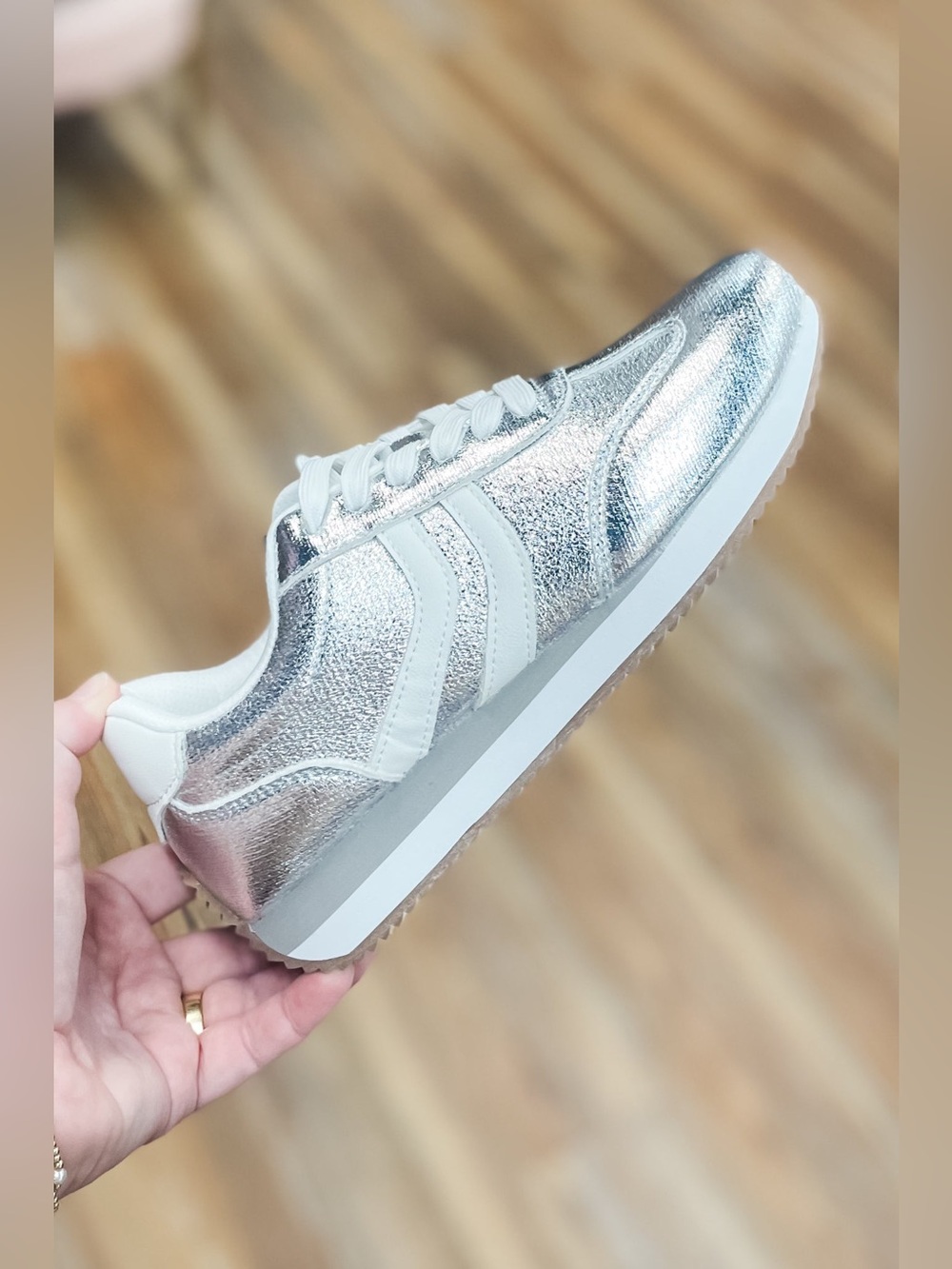 Corkys Footwear Kickoff Silver Crinkle Metallic Chrome Sporty Sneakers